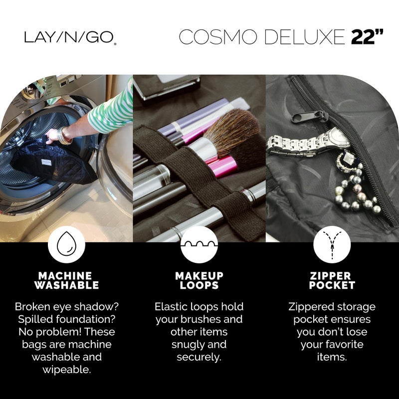 Lay-n-Go Cosmo Drawstring Cosmetic & Makeup Bag Organizer - Portable Drawstring Makeup Bag w/Zipper Pocket  Makeup Loops & More - Durable  Machine Washable Toiletry Bag for Travel (22""  Black) - Image 4